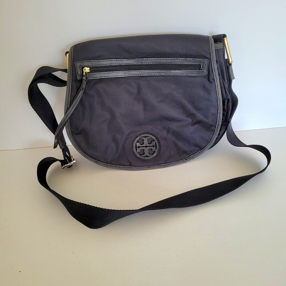 Tory Burch Black Nylon Leather Trim Flap Crossbody Messenger Bag Gold Hardware